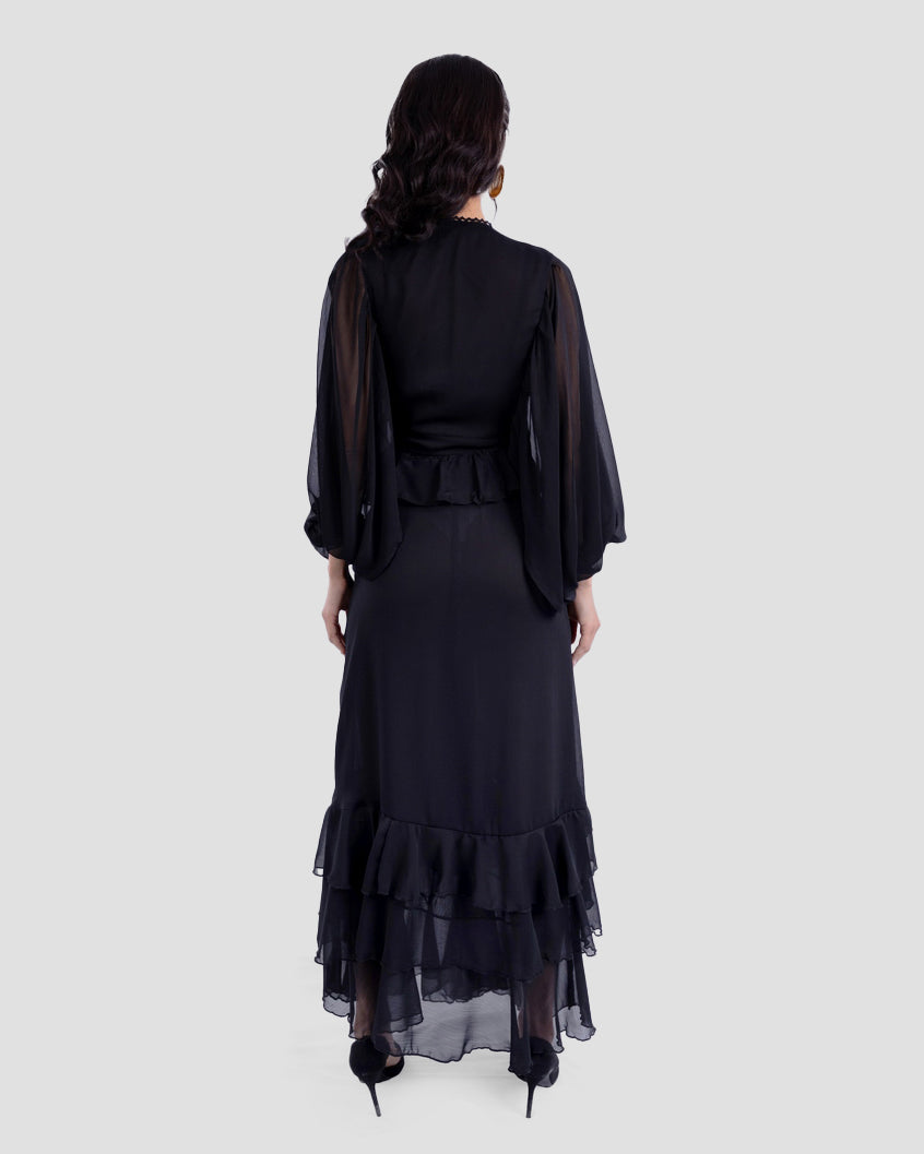 RUFFLED LONG DRESS WITH V-NECK
