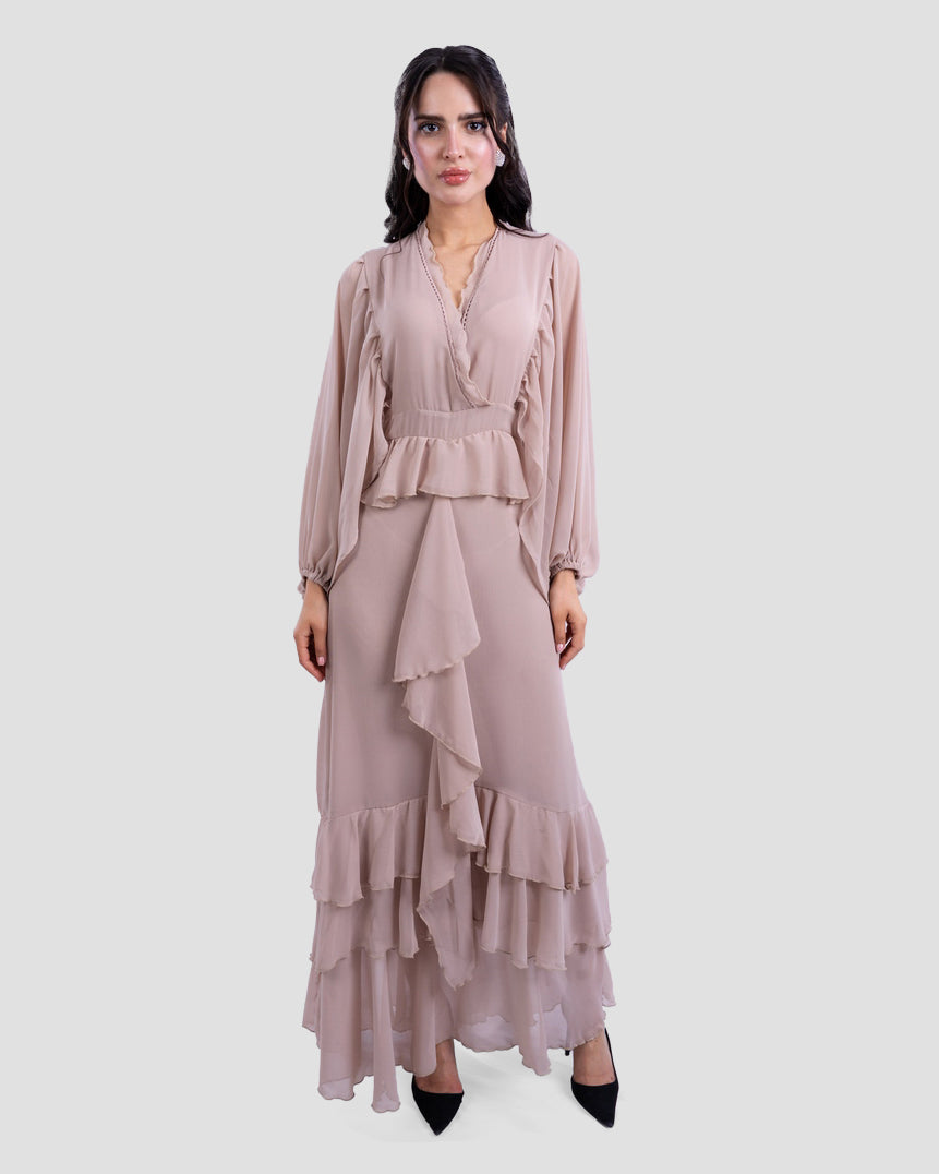 RUFFLED LONG DRESS WITH V-NECK
