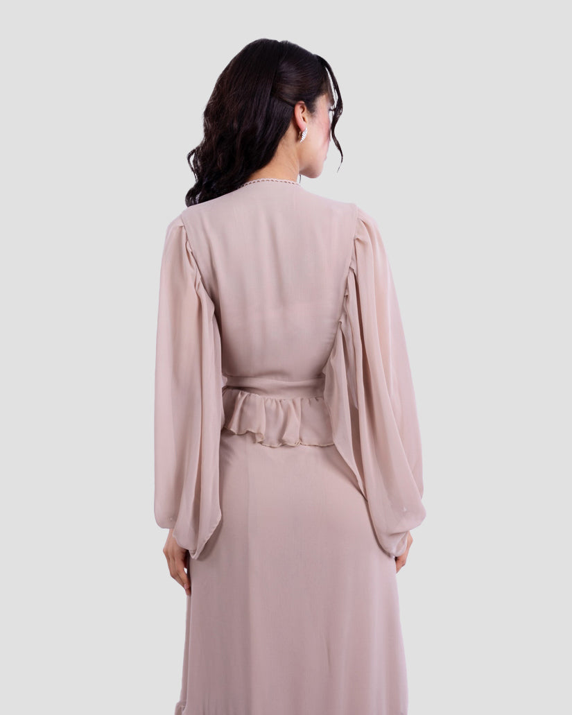RUFFLED LONG DRESS WITH V-NECK