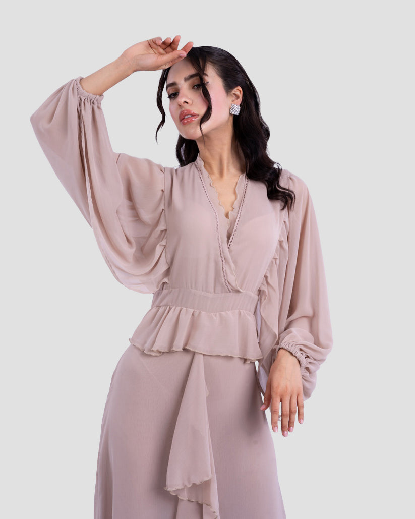 RUFFLED LONG DRESS WITH V-NECK