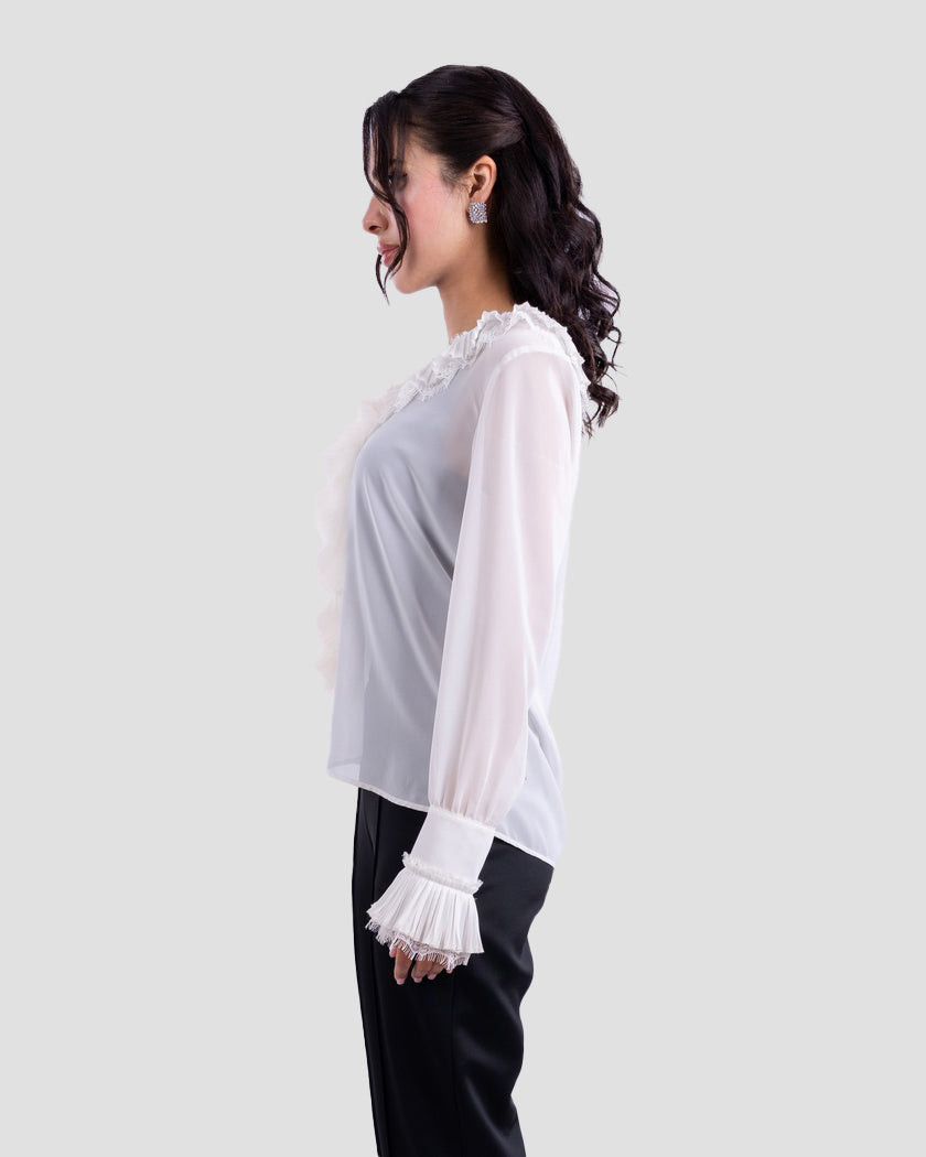 SHEER BLOUSE WITH RUFFLED TRIM