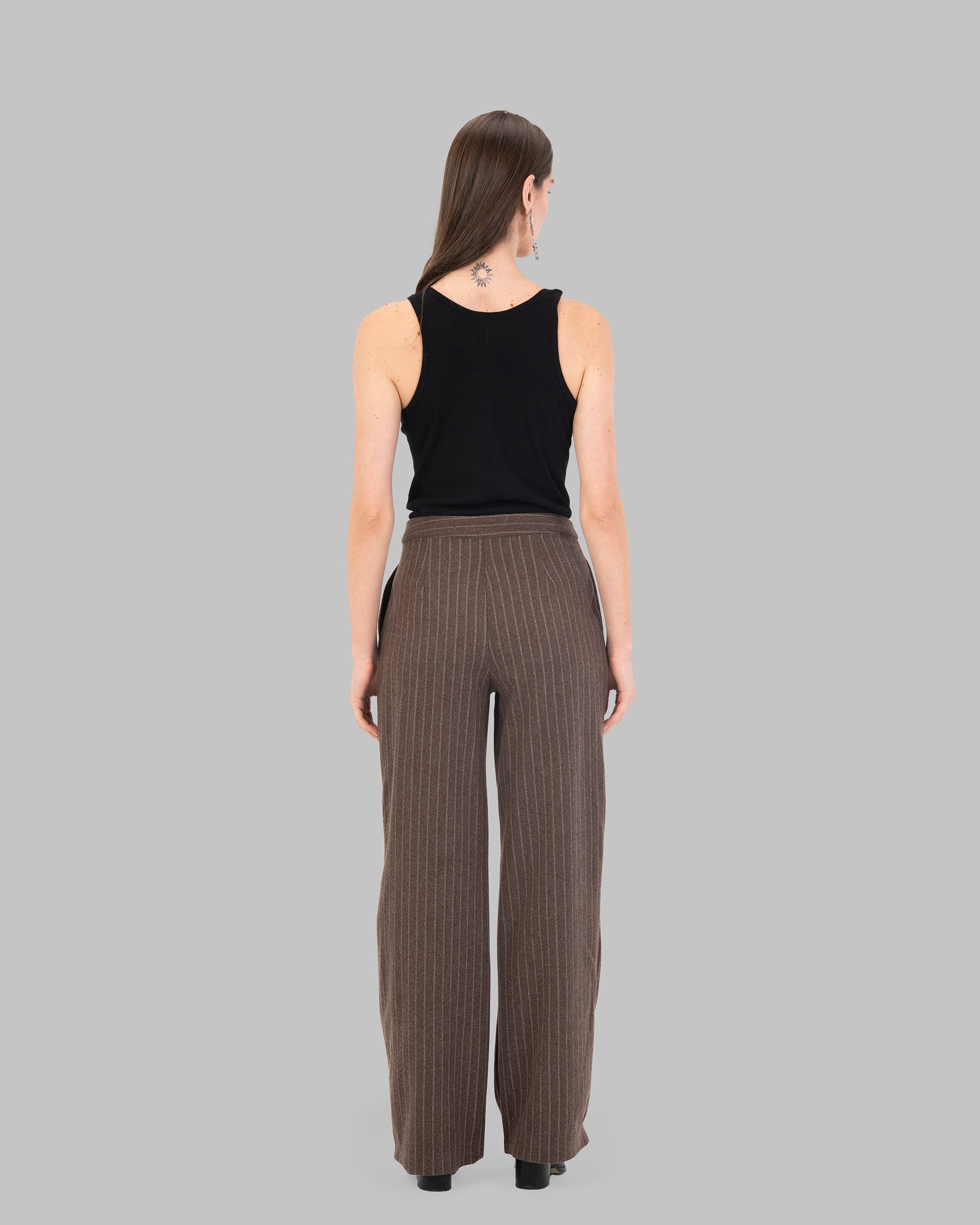 High-Waist Pinstripe Straight Trousers with Front Pleats.