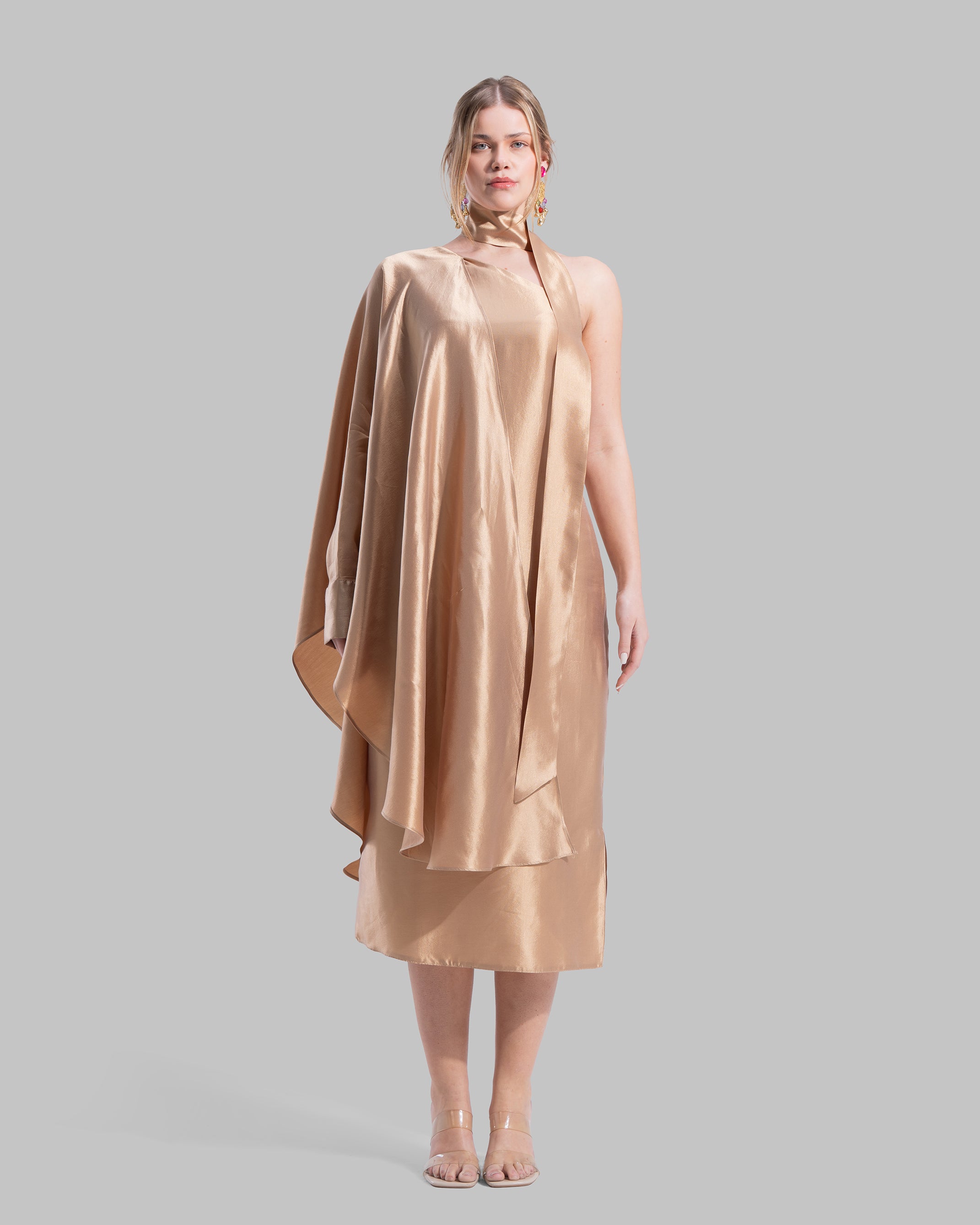 one shoulder cape midi dress One-shoulder satin midi dress featuring a draped cape overlay and side – SA  Vandy Vellucci
