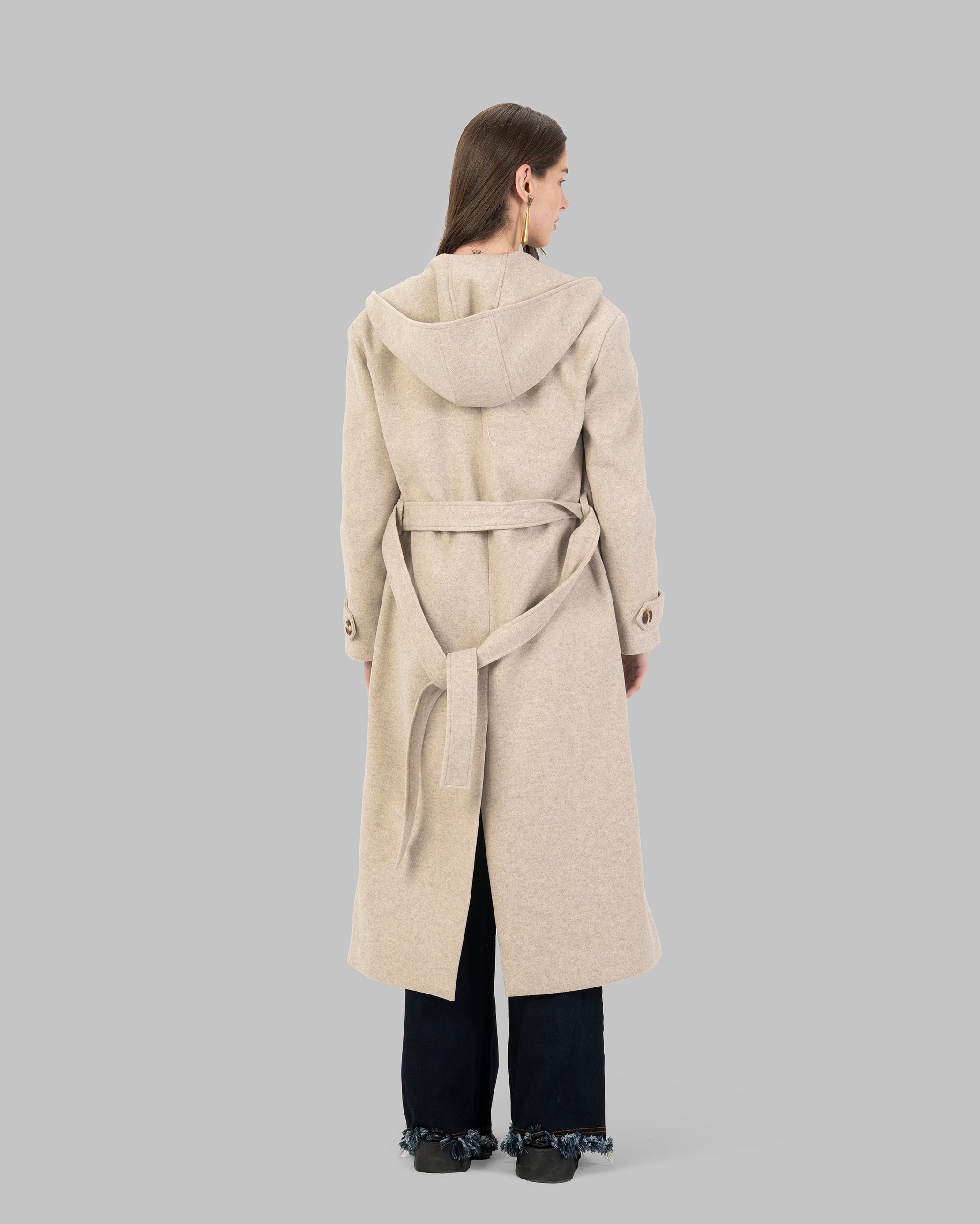 Long hooded coat in light beige with a belt waist