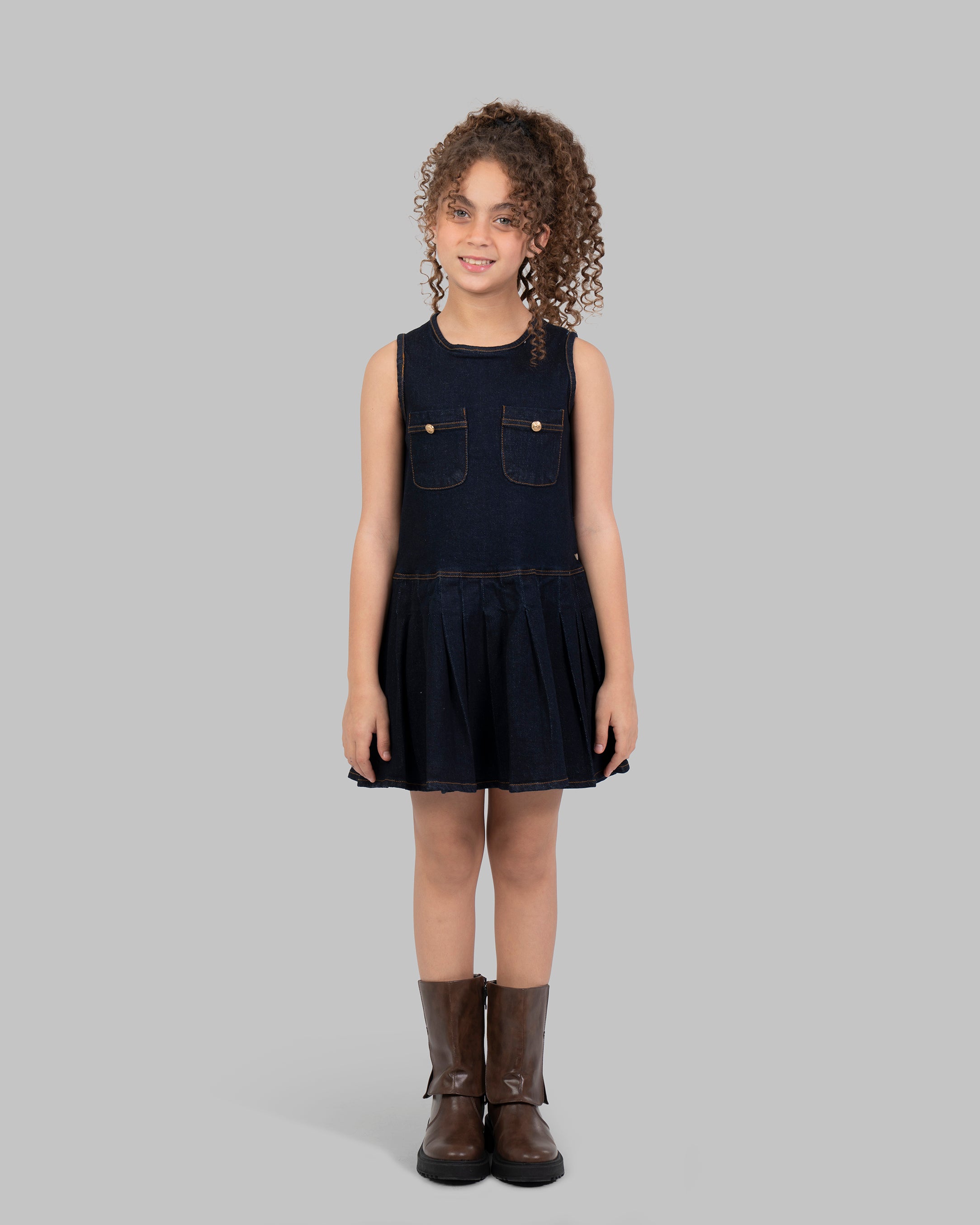 Denim Pleated Dress, Sleeveless mini dress in a dark wash denim.