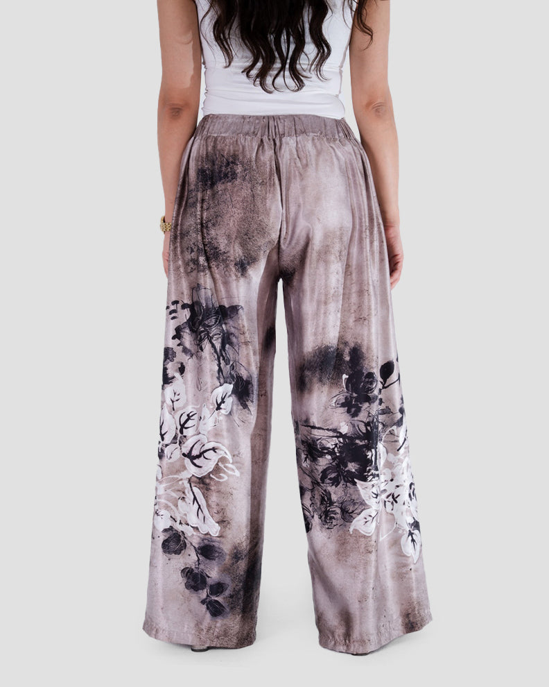 SATIN FLORAL WIDE-LEG PANTS