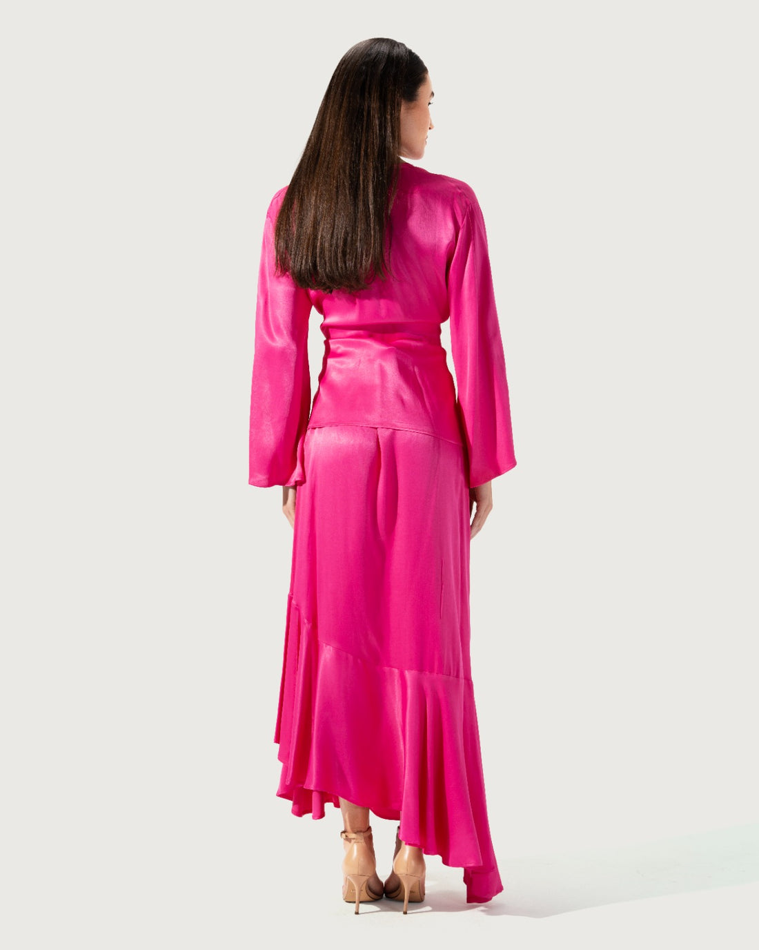 SATIN SOLID COLOR V-NECK TIE UP LONG SLEEVE