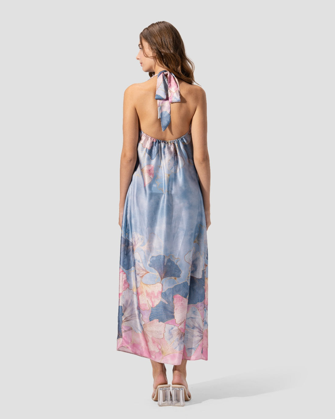 Satin maxi dress with a draped neckline