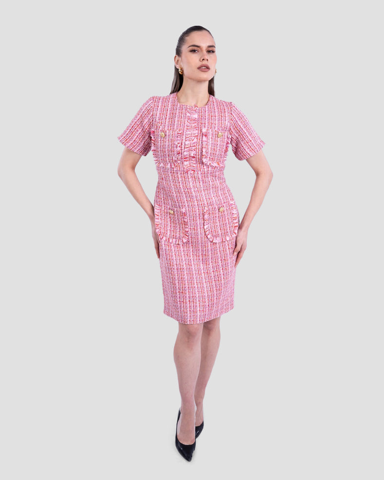 TWEED STYLE DRESS WITH FRONT BUTTON DETAIL
