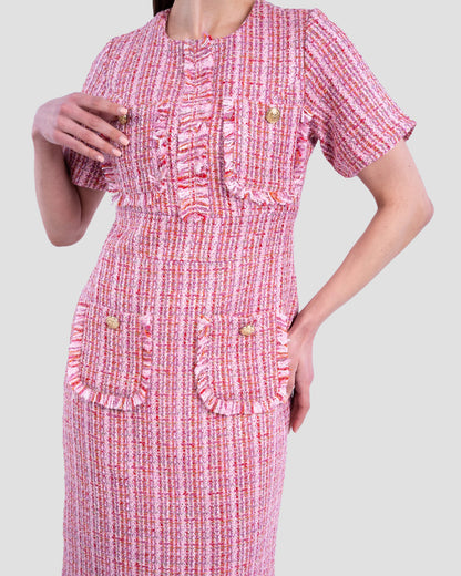 TWEED STYLE DRESS WITH FRONT BUTTON DETAIL