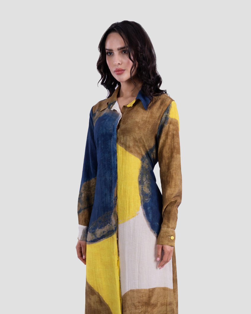 PRINTED SHIRT DRESS WITH ABSTRACT DESIGN