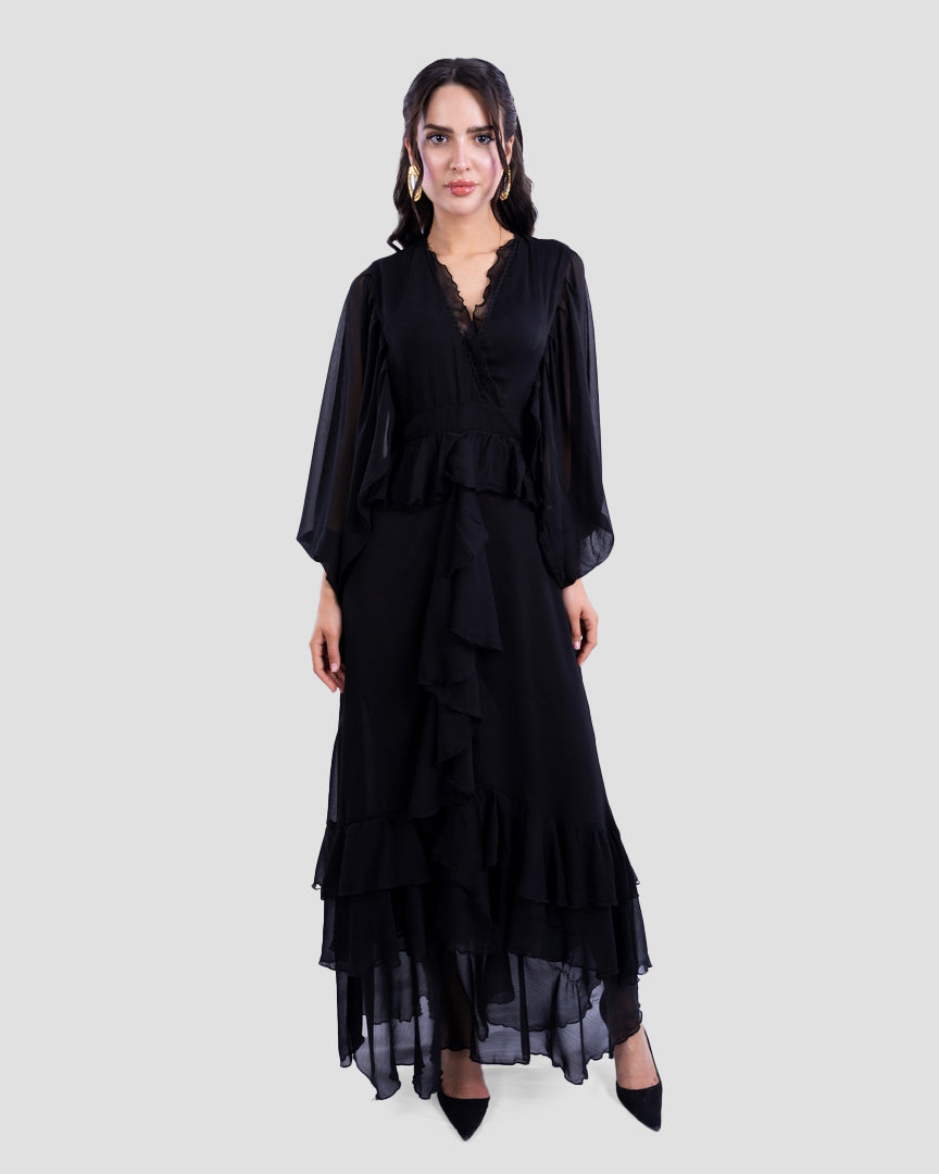 RUFFLED LONG DRESS WITH V-NECK