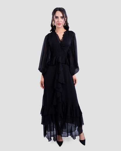 RUFFLED LONG DRESS WITH V-NECK