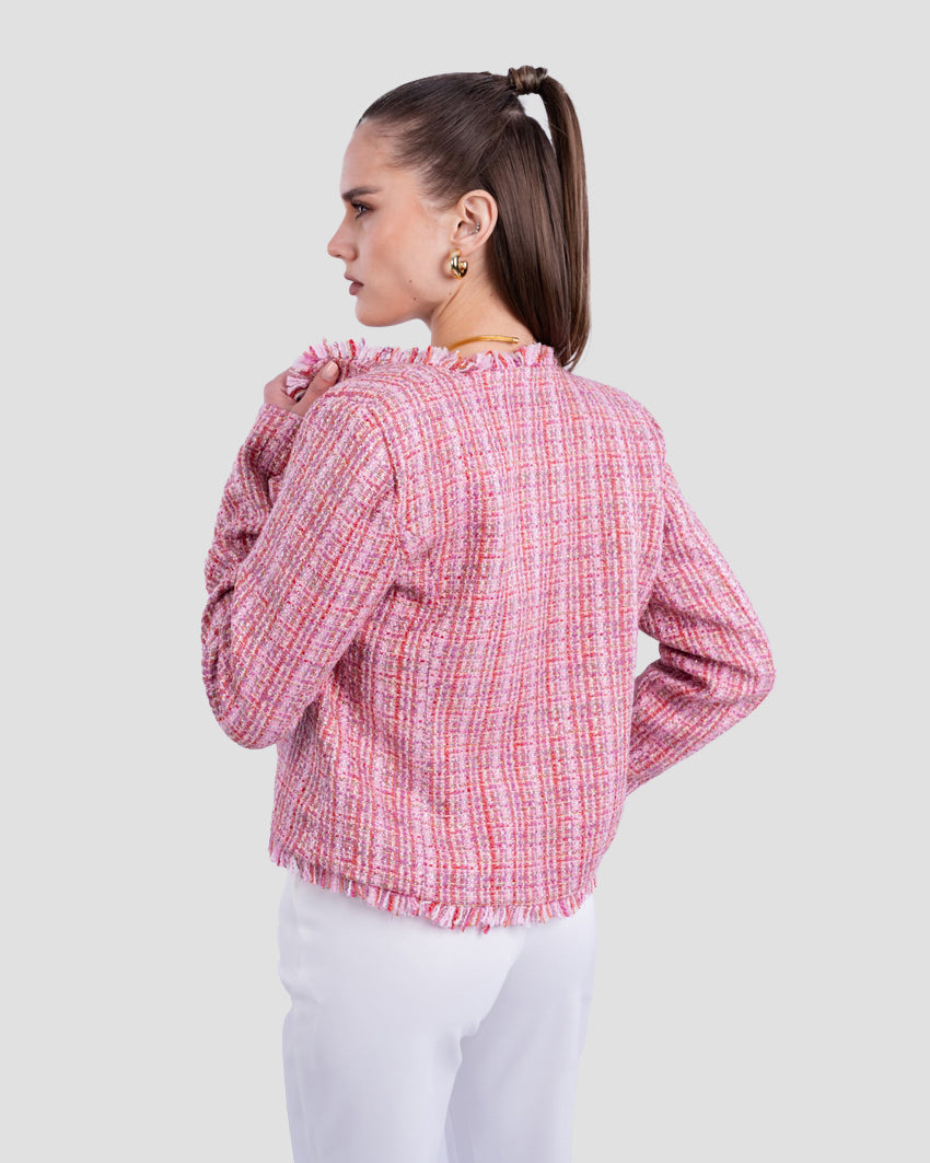 STRUCTURED TWEED JACKET WITH FRAYED TRIM