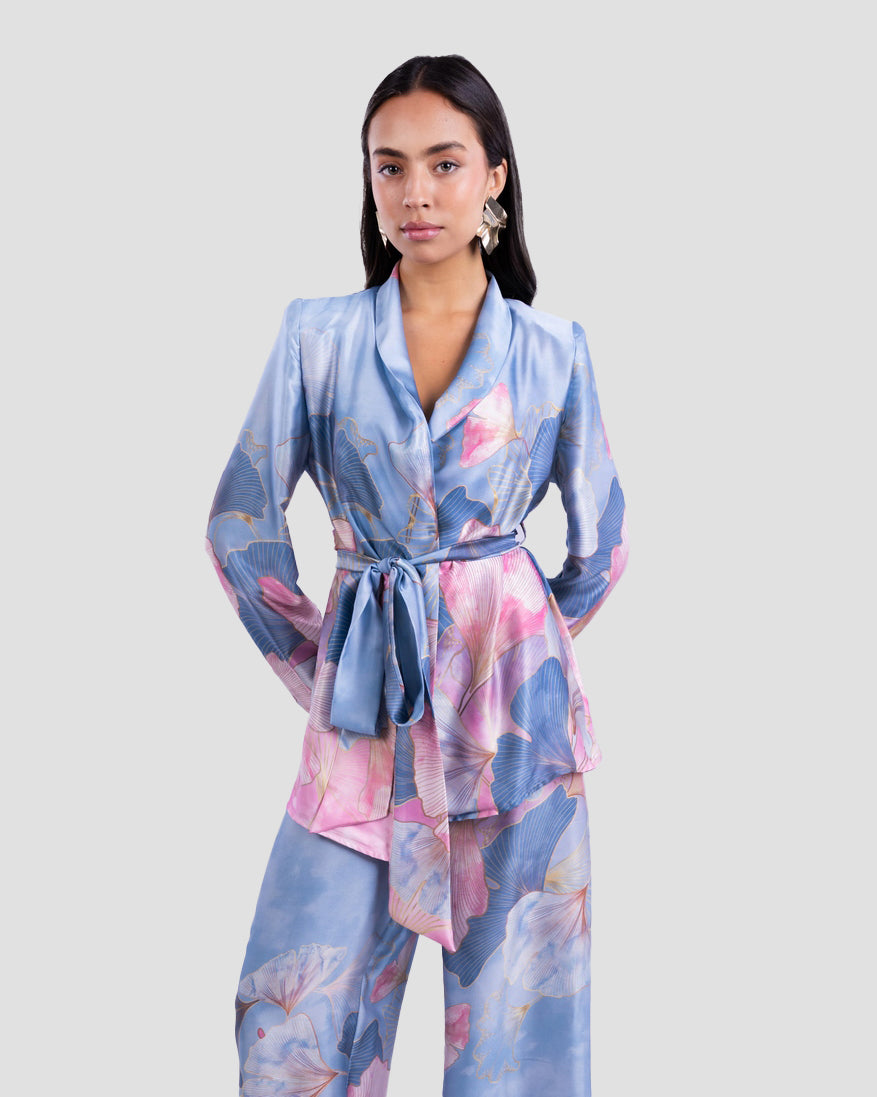 SATIN FLOWERS BLAZER WITH BELT