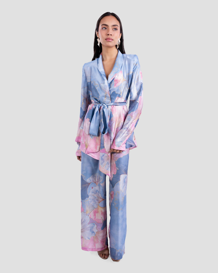 SATIN FLOWERS BLAZER WITH BELT
