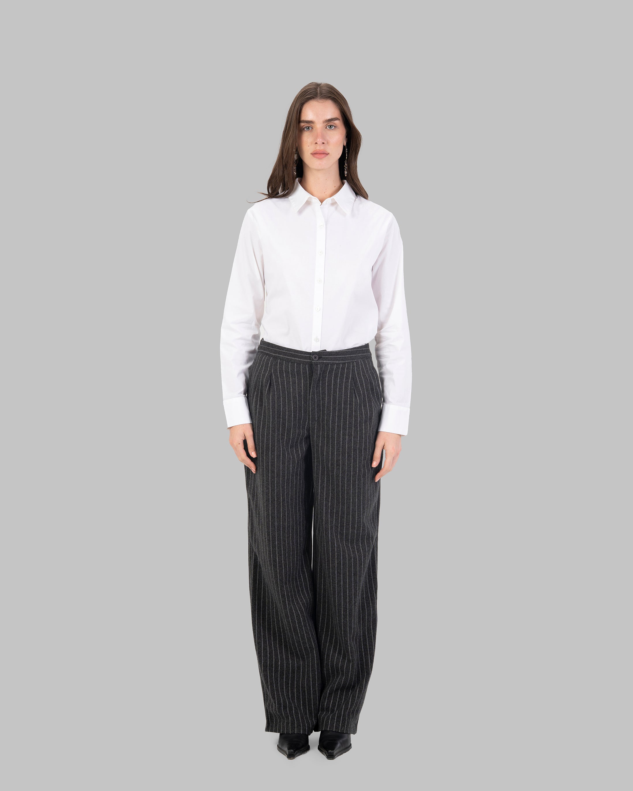 High-Waist Pinstripe Straight  Trousers with Front Pleats.