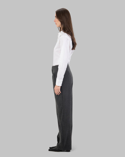 High-Waist Pinstripe Straight  Trousers with Front Pleats.