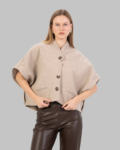 "Short Wool-Blend Cape Jacket  With Patch pocket."