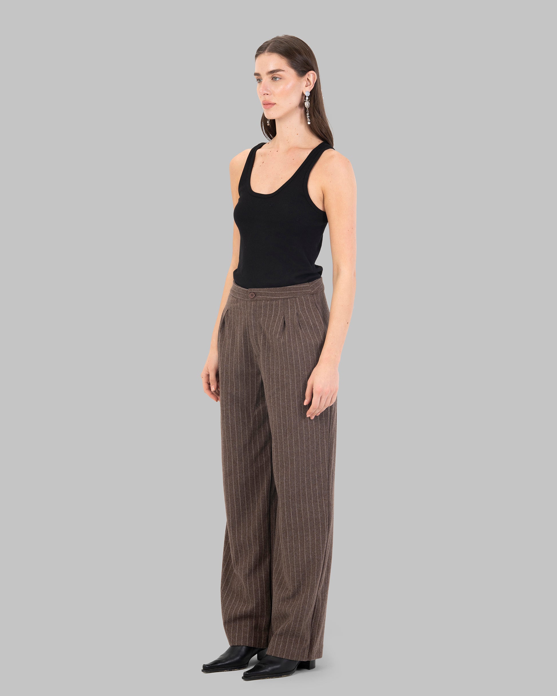 High-Waist Pinstripe Straight  Trousers with Front Pleats.