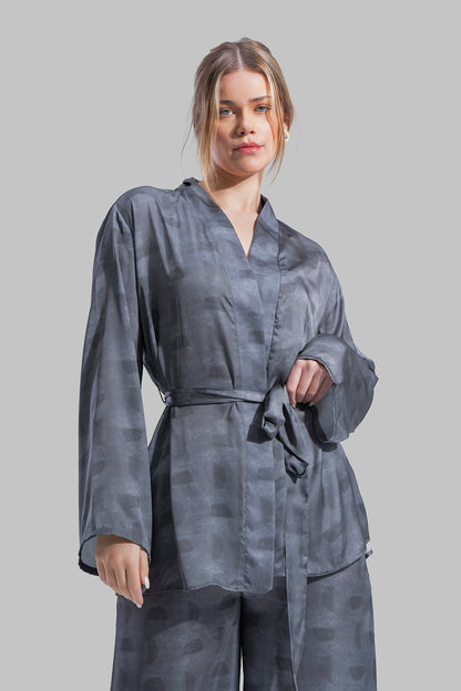 Long sleeve Cardigan with a wrap-style front.