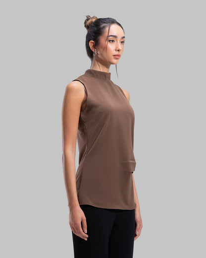 Sleeveless high-neck top with gathered detail and a metallic side buckle.