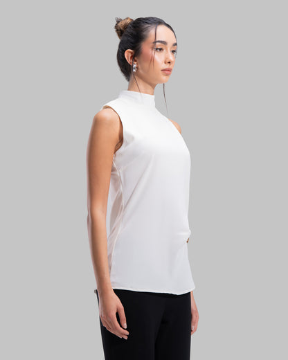 Sleeveless high-neck top with gathered detail and a metallic side buckle.