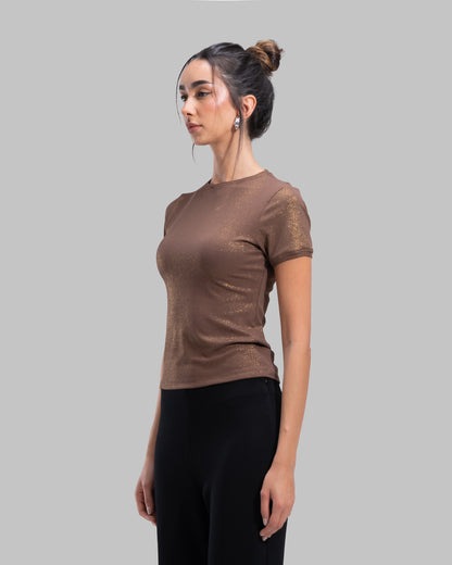 Short sleeve ribbed top with a shimmering metallic finish and round neck.