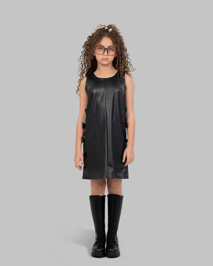 Leather Pinafore Dress with Side Bow Details.