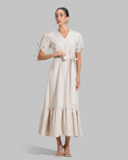 V-NECK MIDI DRESS WITH BELT DESIGNED