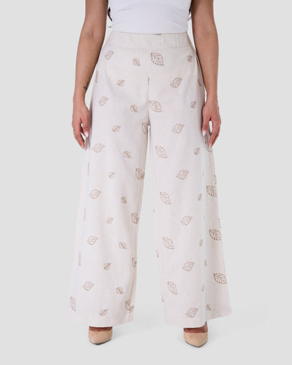 LINEN BLEND WIDE-LEG PRINT TROUSERS