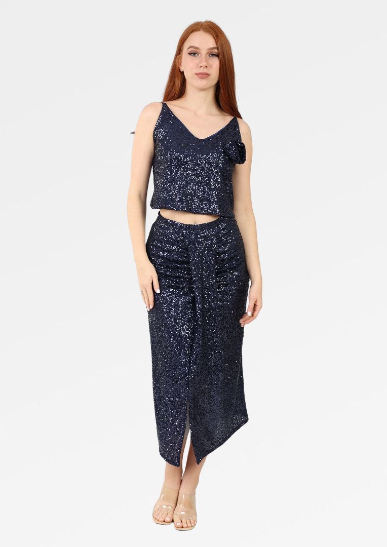 SEQUIN MIDI SKIRT WITH FRONT SLIT