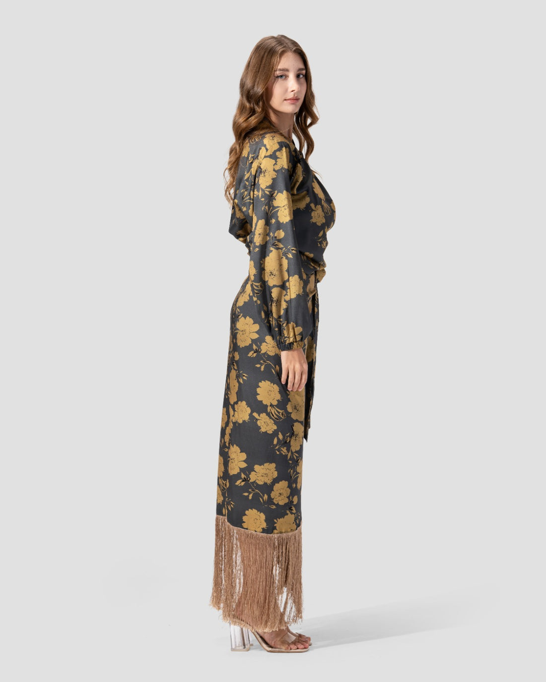 PRINTED WRAP SKIRT WITH FRINGED HEM