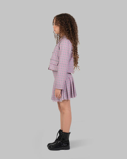 Pleated mini skirt in a houndstooth print.